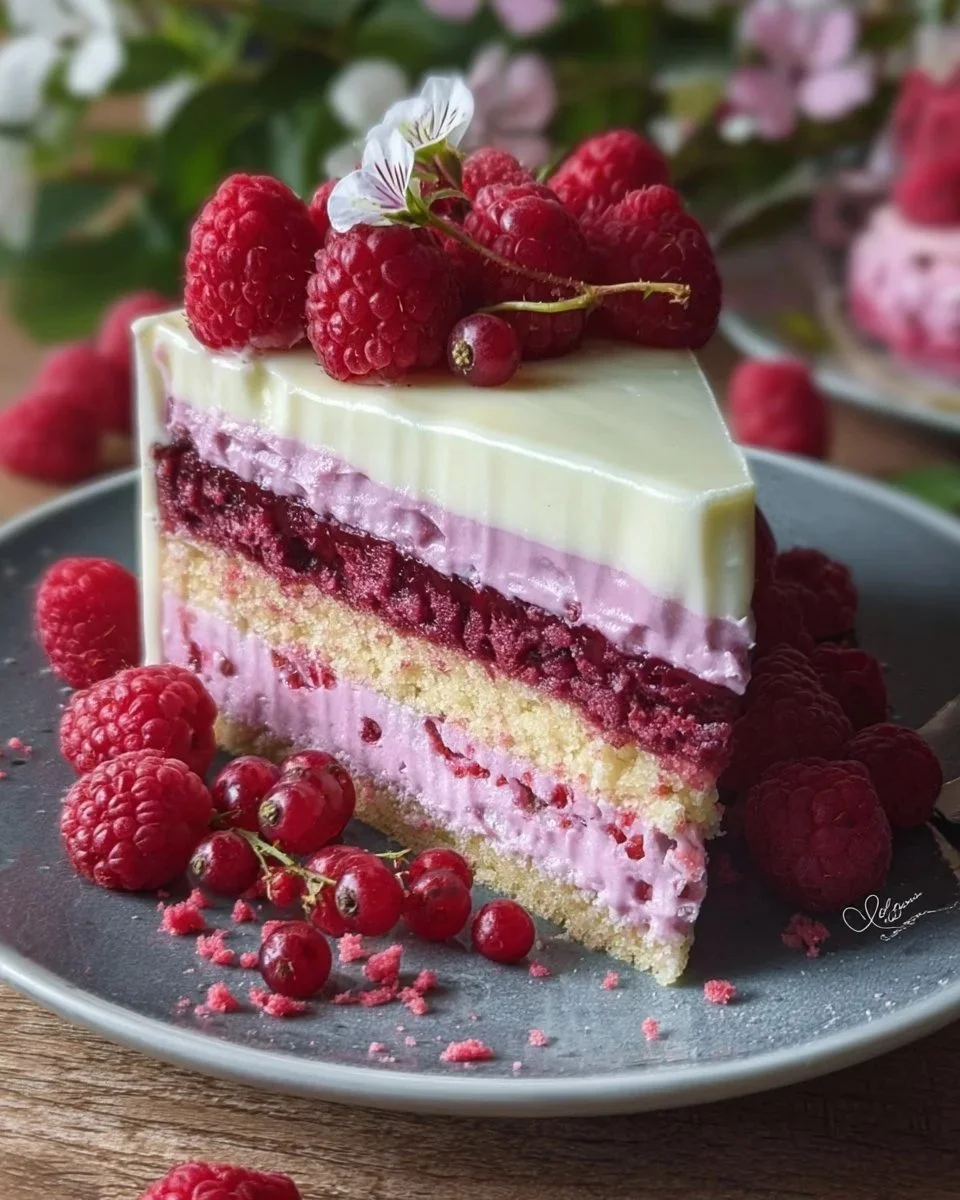 Torta Paradiso ai Lamponi guarnita con lamponi freschi e crema dolce