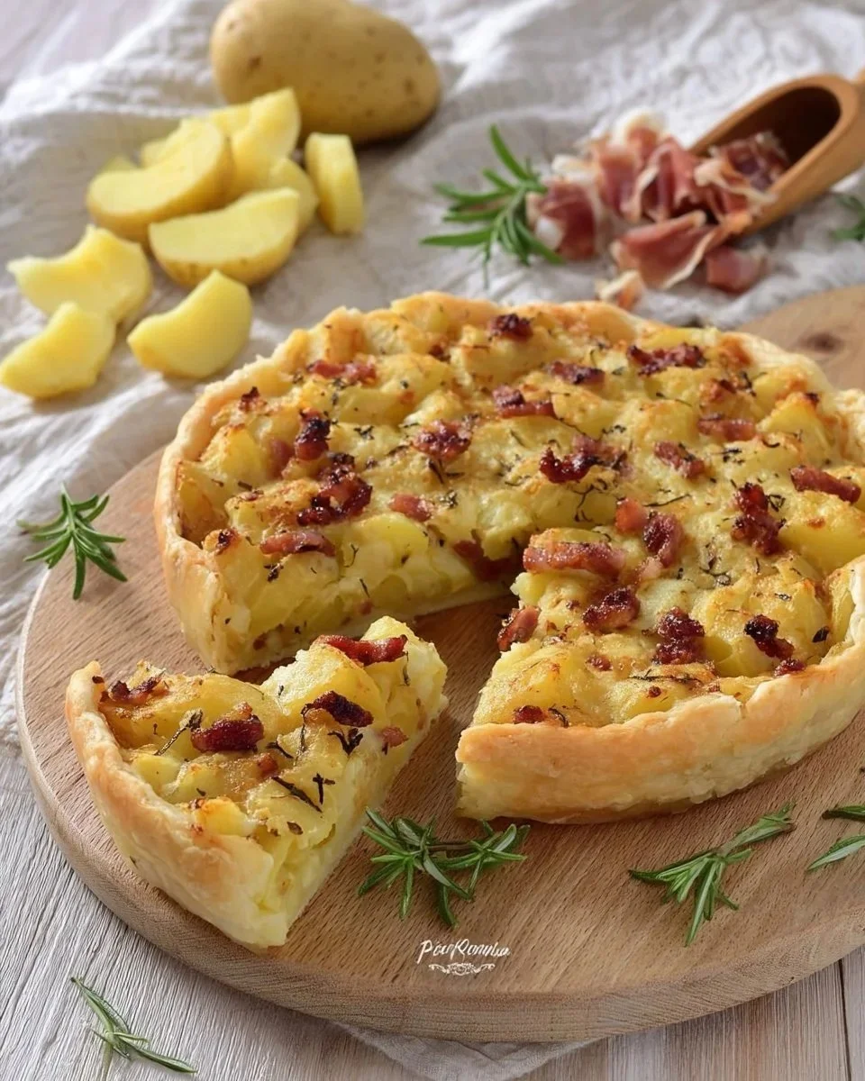 Torta salata con patate e speck, deliziosa e facile da preparare.
