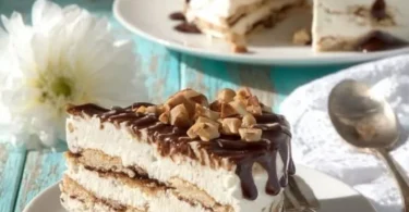 Torta semifreddo millefoglie di cioccolato decorata con cioccolato fondente