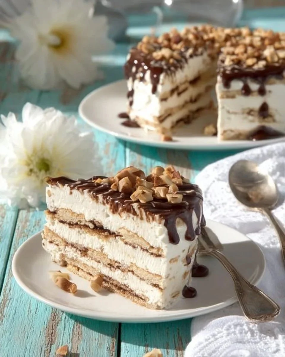 Torta semifreddo millefoglie di cioccolato decorata con cioccolato fondente
