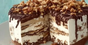 Torta semifreddo millefoglie di cioccolato decorata e pronta da servire