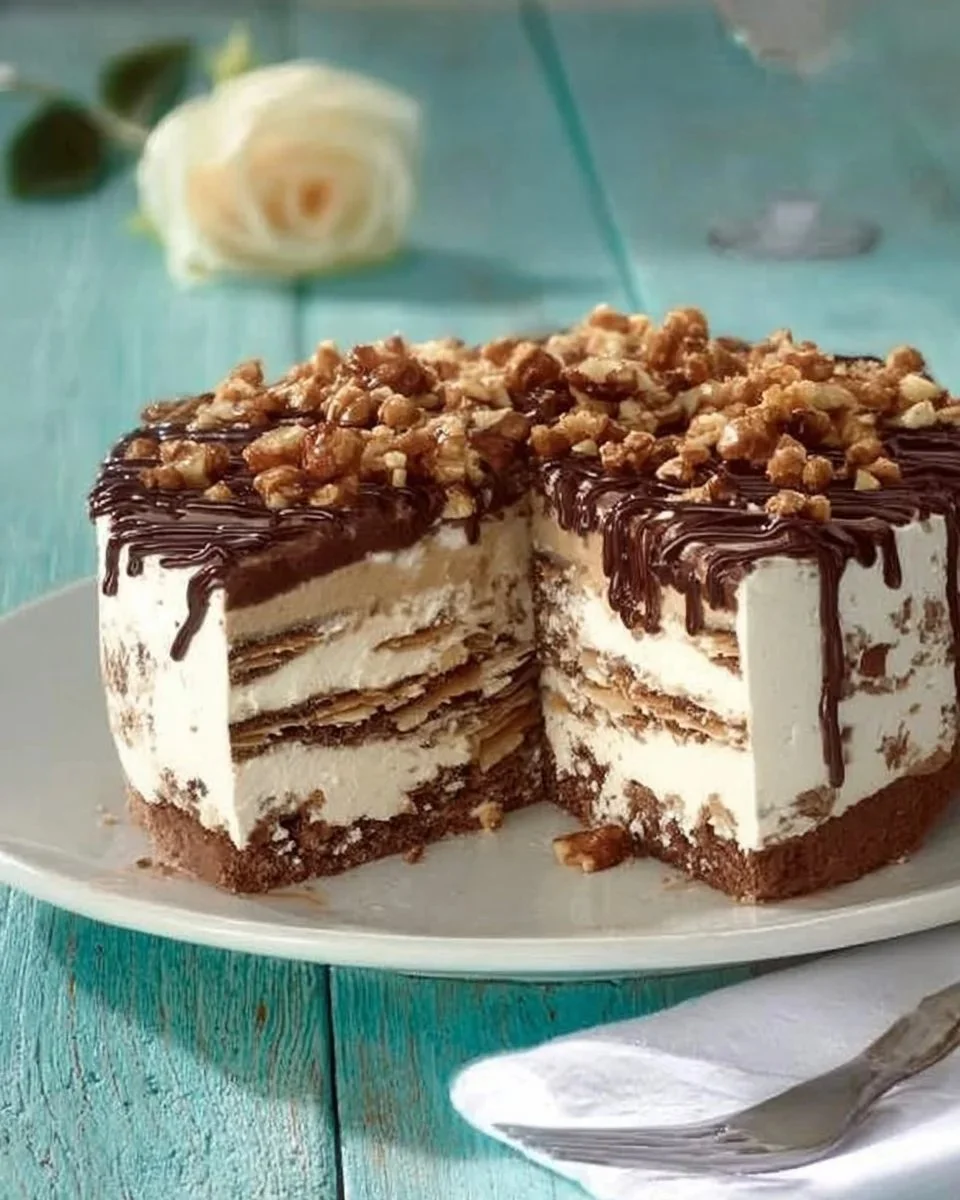 Torta semifreddo millefoglie di cioccolato decorata e pronta da servire