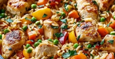 Tortino di riso colorato con verdure e pollo, piatto sano e saporito