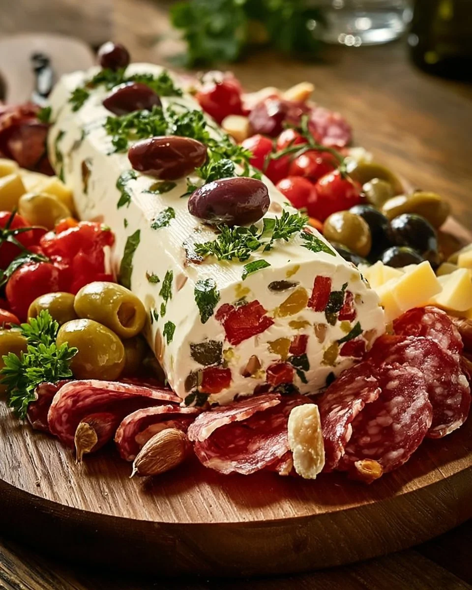 Antipasto rotolo di formaggio fresco con verdure e salumi