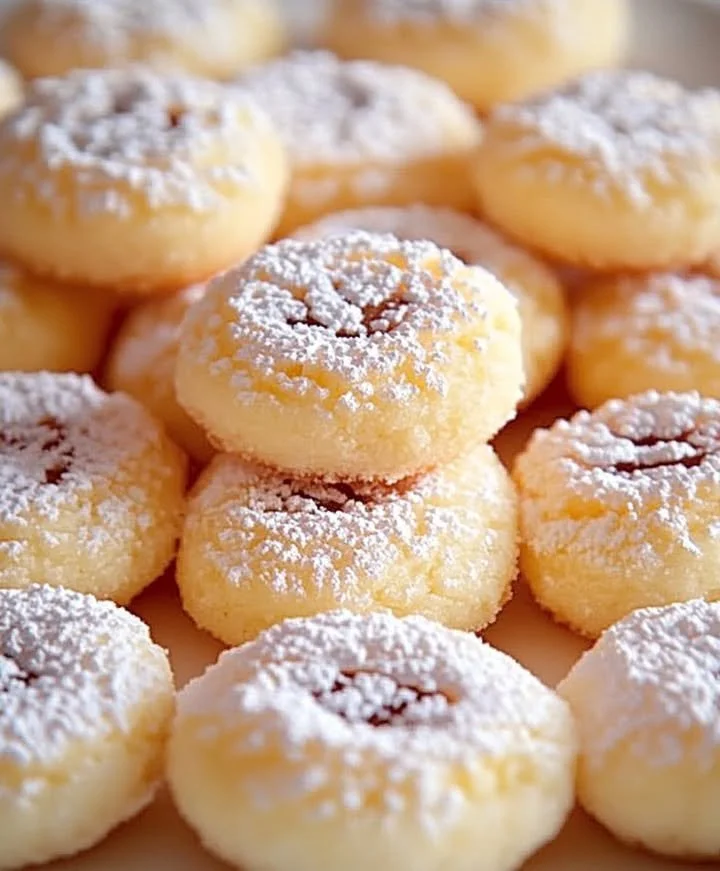 Biscotti di Neve, dolcetti italiani con zucchero a velo, ideali per il tè.