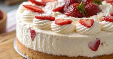 Cheesecake fredda alle fragole con decorazioni fresche