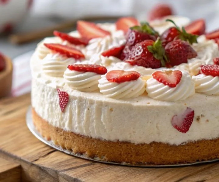 Cheesecake fredda alle fragole con decorazioni fresche