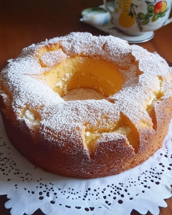 Ciambellone con ricotta e mele appena sfornato, decorato con zucchero a velo.