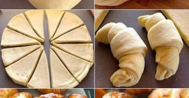 Cornetti freschi appena sfornati serviti con marmellata.