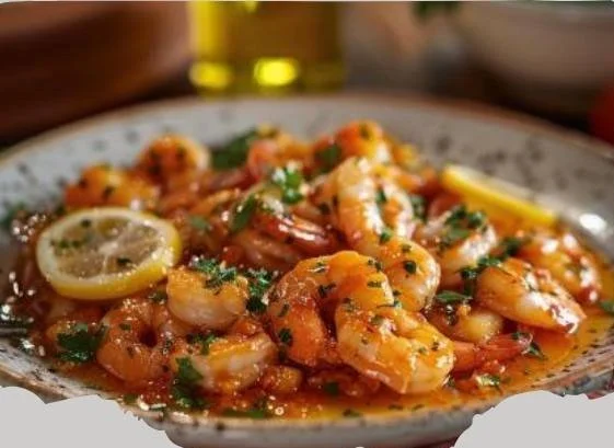 Piatto di Gamberi alla Catalana con salsa fresca e ingredienti freschi
