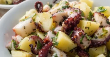 Insalata tiepida di polpo e patate servita in un piatto colorato