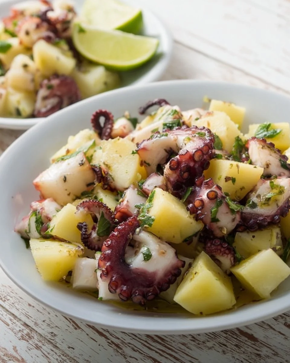 Insalata tiepida di polpo e patate servita in un piatto colorato