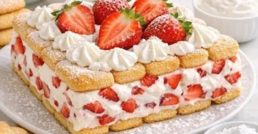 Mattonella di Pavesini e Fragola Cremosa servita su un piatto elegante.