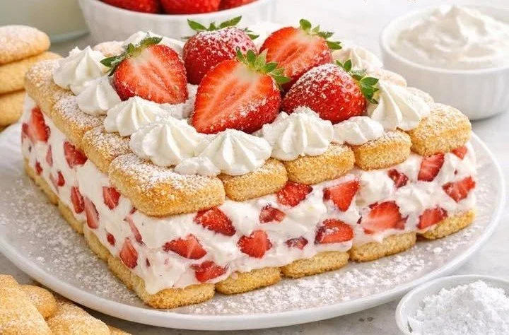 Mattonella di Pavesini e Fragola Cremosa servita su un piatto elegante.