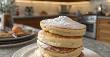 Pancake di mele e yogurt serviti su un piatto con fette di mela fresca.