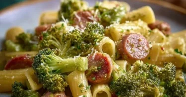 Pasta con broccoli e salsicce servita in un piatto bianco con una spolverata di formaggio