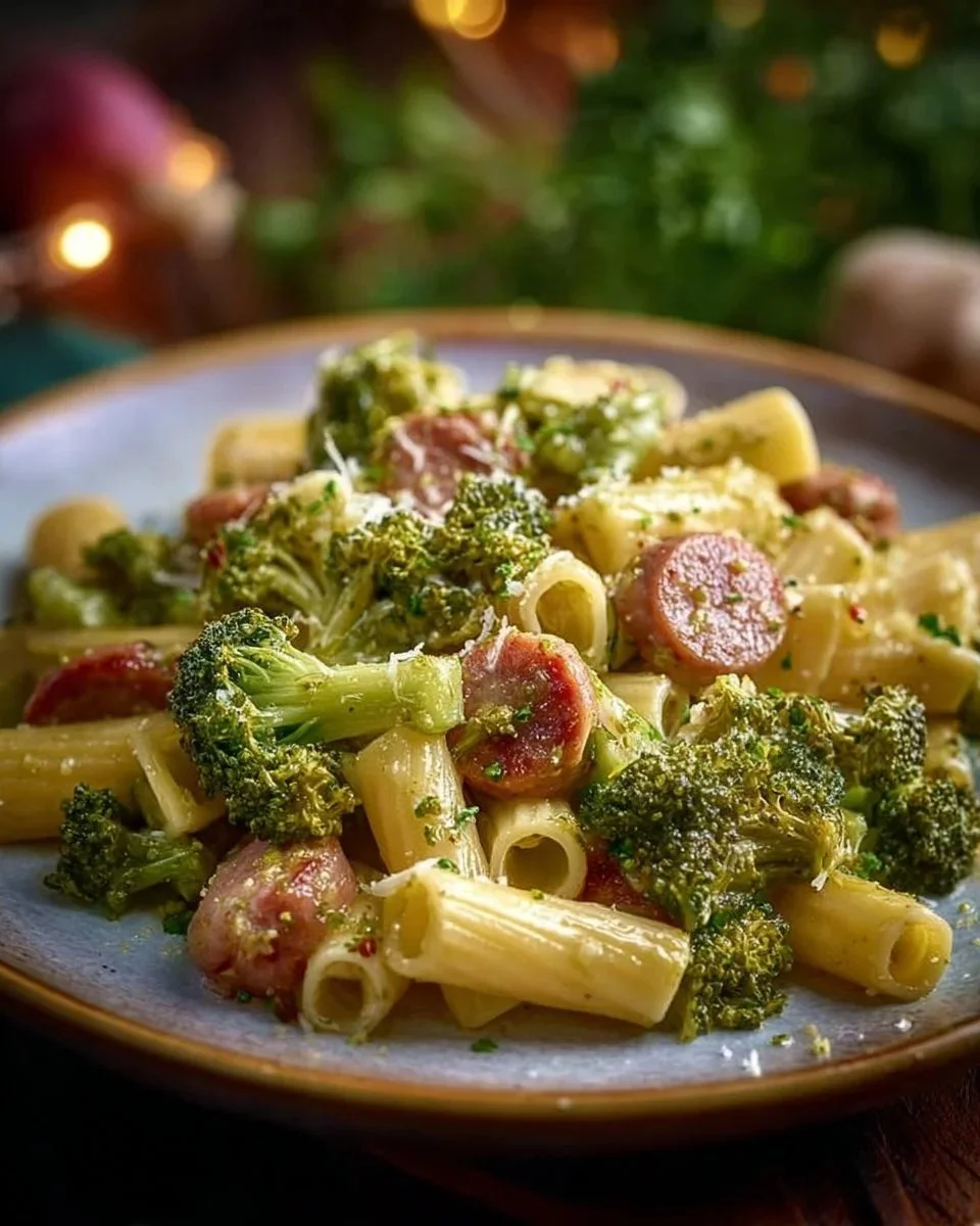 Pasta con broccoli e salsicce servita in un piatto bianco con una spolverata di formaggio