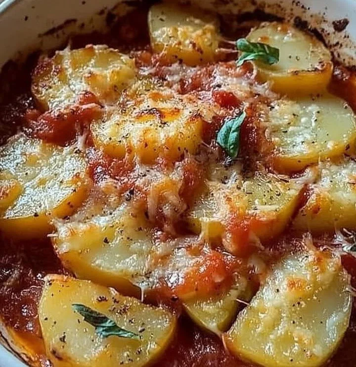 Patate alla pizzaiola servite su un piatto con salsa e rosmarino