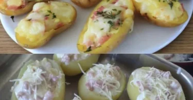Patate ripiene con prosciutto e raclette servite in un piatto