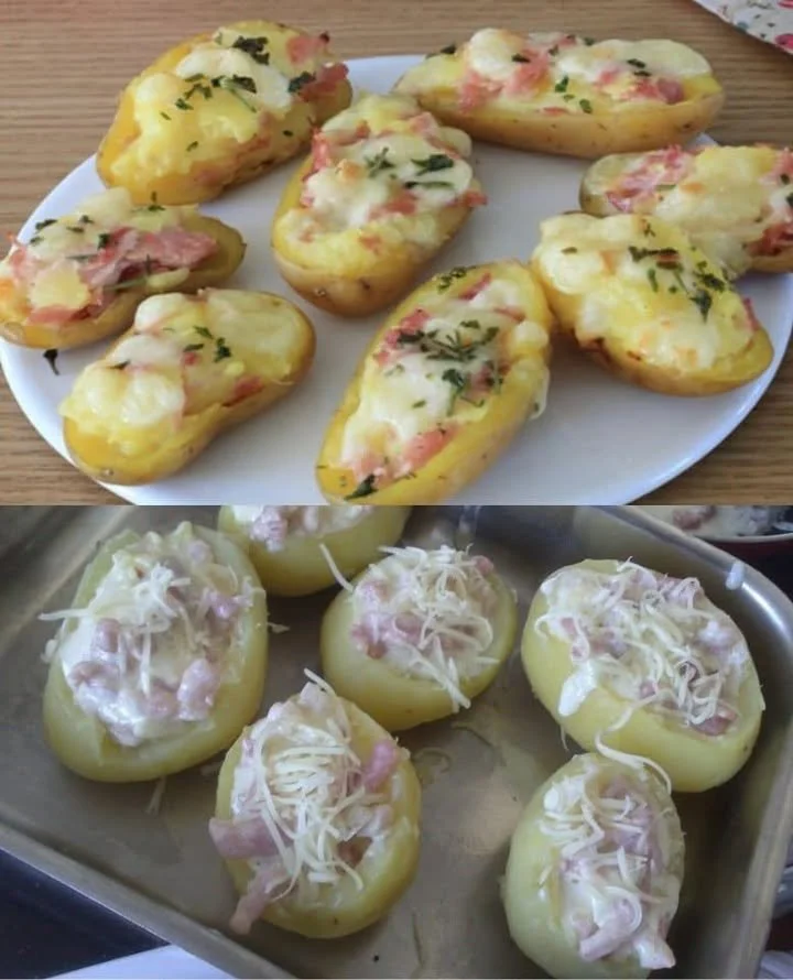 Patate ripiene con prosciutto e raclette servite in un piatto
