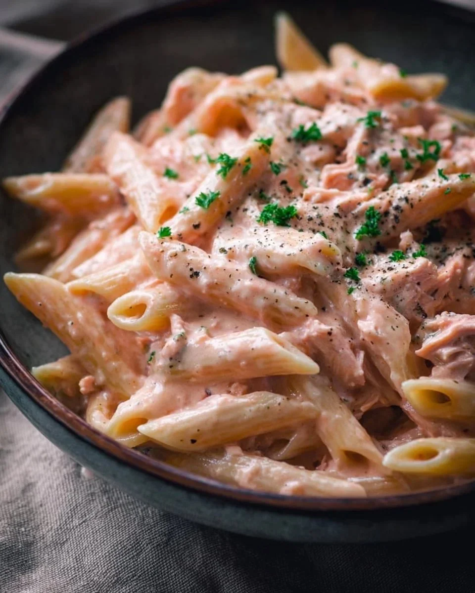 Penne al baffo con tonno servite in un piatto bianco