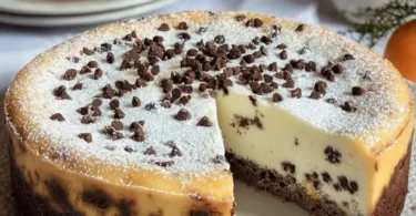Torta ricotta e cioccolato senza glutine su un piatto elegante.