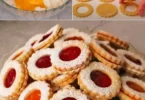 Biscotti con marmellata appena sfornati su un piatto decorativo.