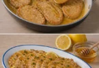 Lonza di maiale a fette in padella con salsa al limone e miele pronta per essere servita