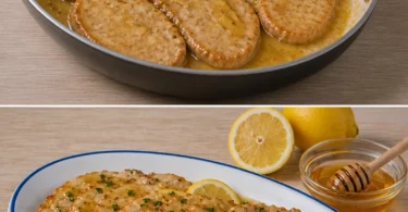 Lonza di maiale a fette in padella con salsa al limone e miele pronta per essere servita