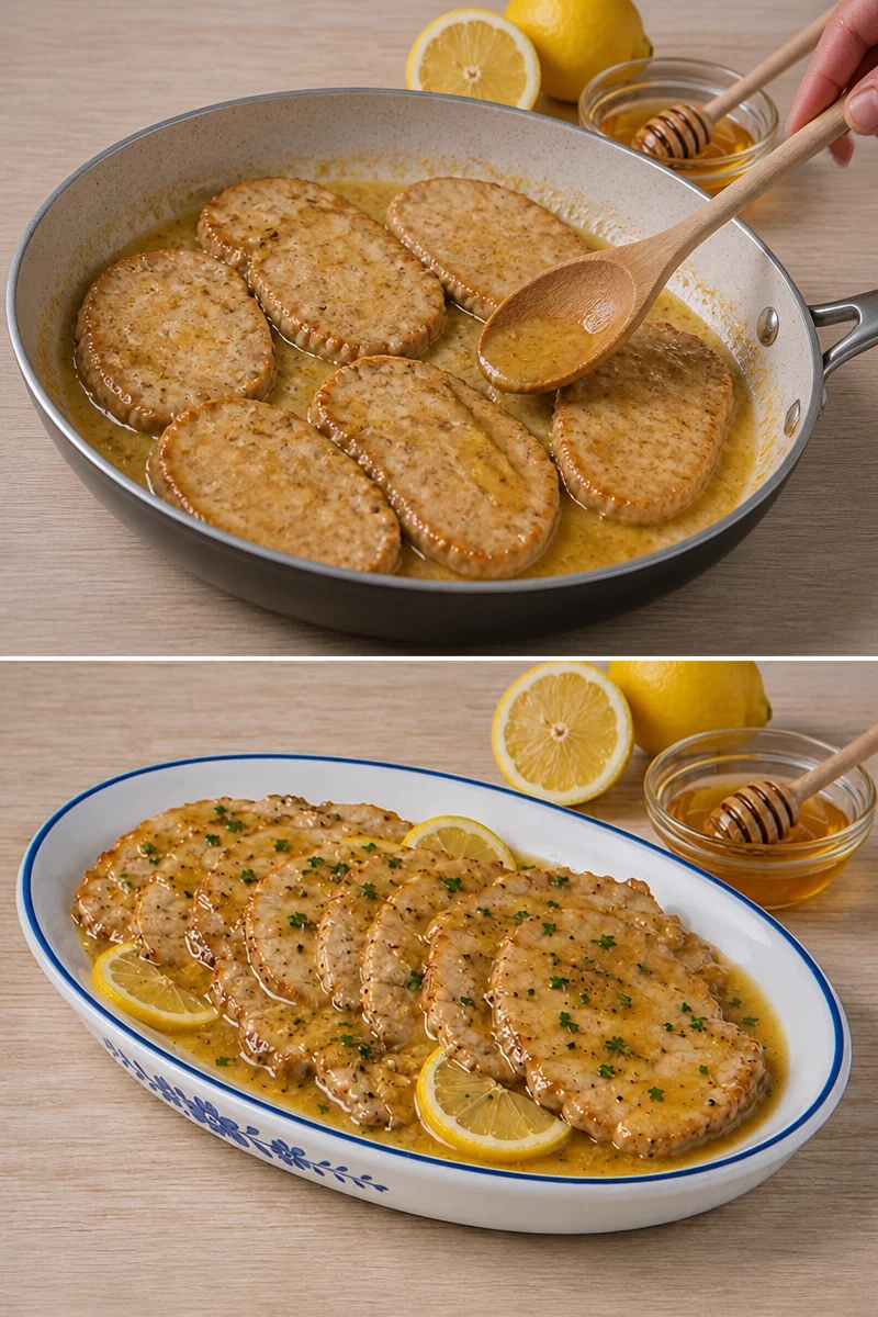 Lonza di maiale a fette in padella con salsa al limone e miele pronta per essere servita