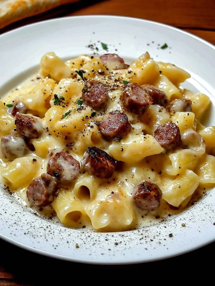 Pasta con crema di patate e salsiccia, un piatto ricco e delizioso