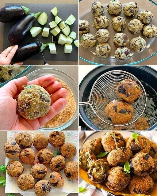 Polpette di melanzane dorate servite su un piatto con salsa di pomodoro