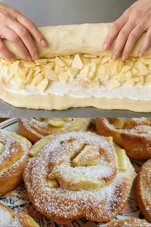 Deliziosi rotoli di mela pronti da gustare con un tocco di cannella.