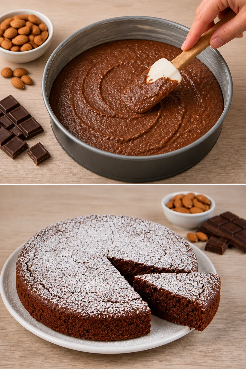 Fetta di Torta Caprese al cioccolato con mandorle e zucchero a velo