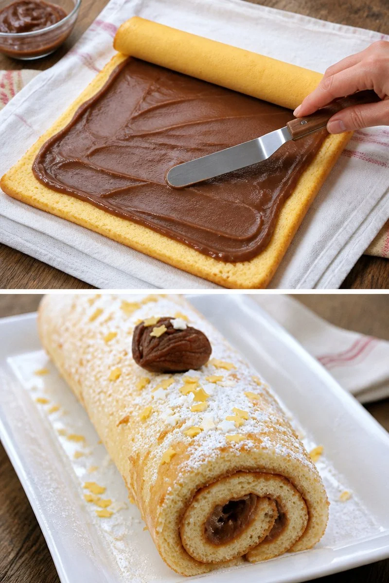 Biscuit roulé aux marrons decorato con crema e marroni