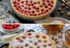 Clafoutis ai lamponi, un dolce tradizionale francese ricco e saporito.