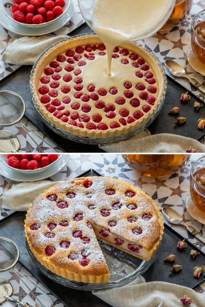 Clafoutis ai lamponi, un dolce tradizionale francese ricco e saporito.