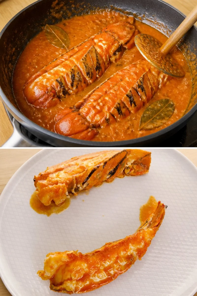 Piatti di code di aragosta alla bretona cucinati con ingredienti freschi