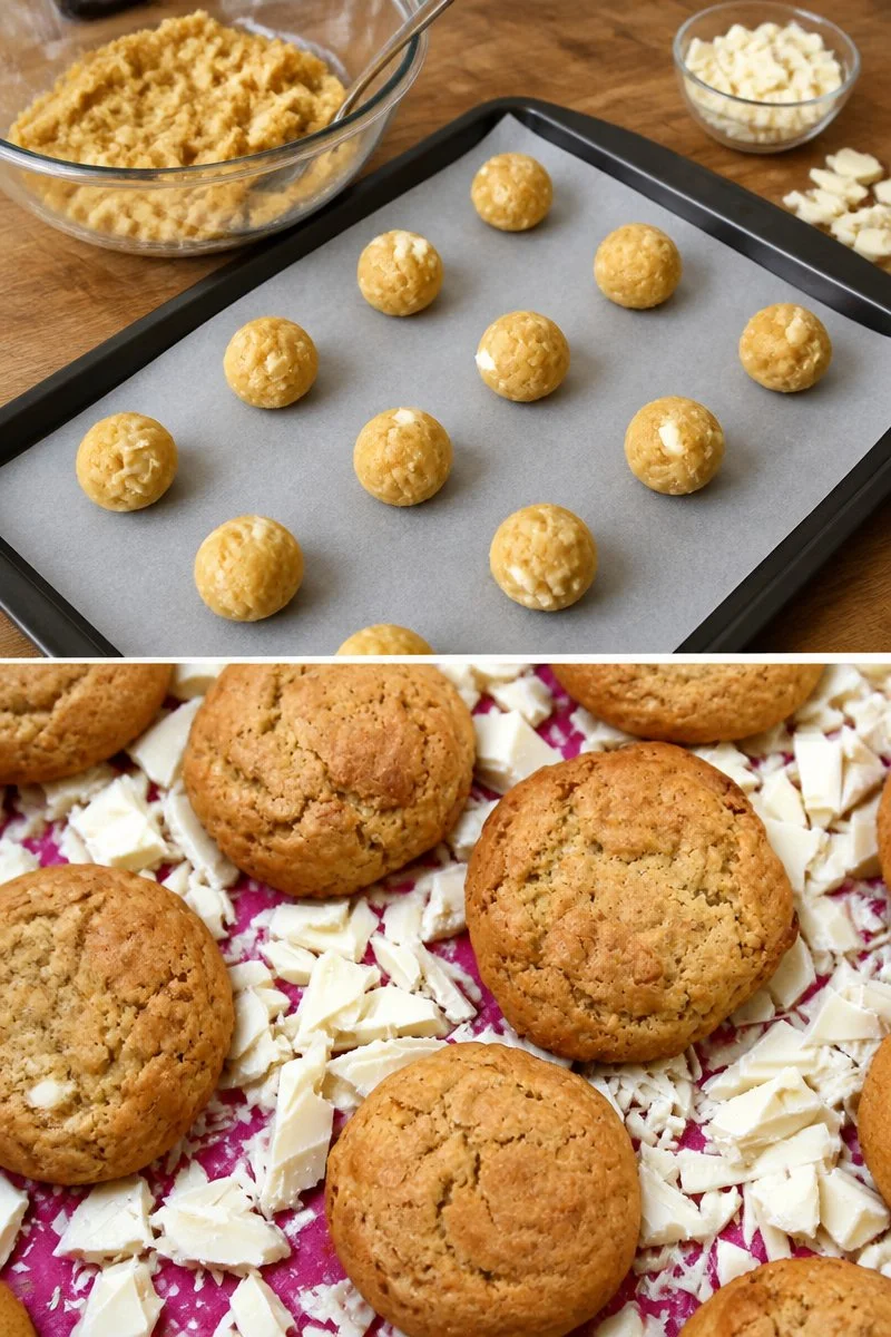 Deliziosi cookies al cioccolato bianco appena sfornati