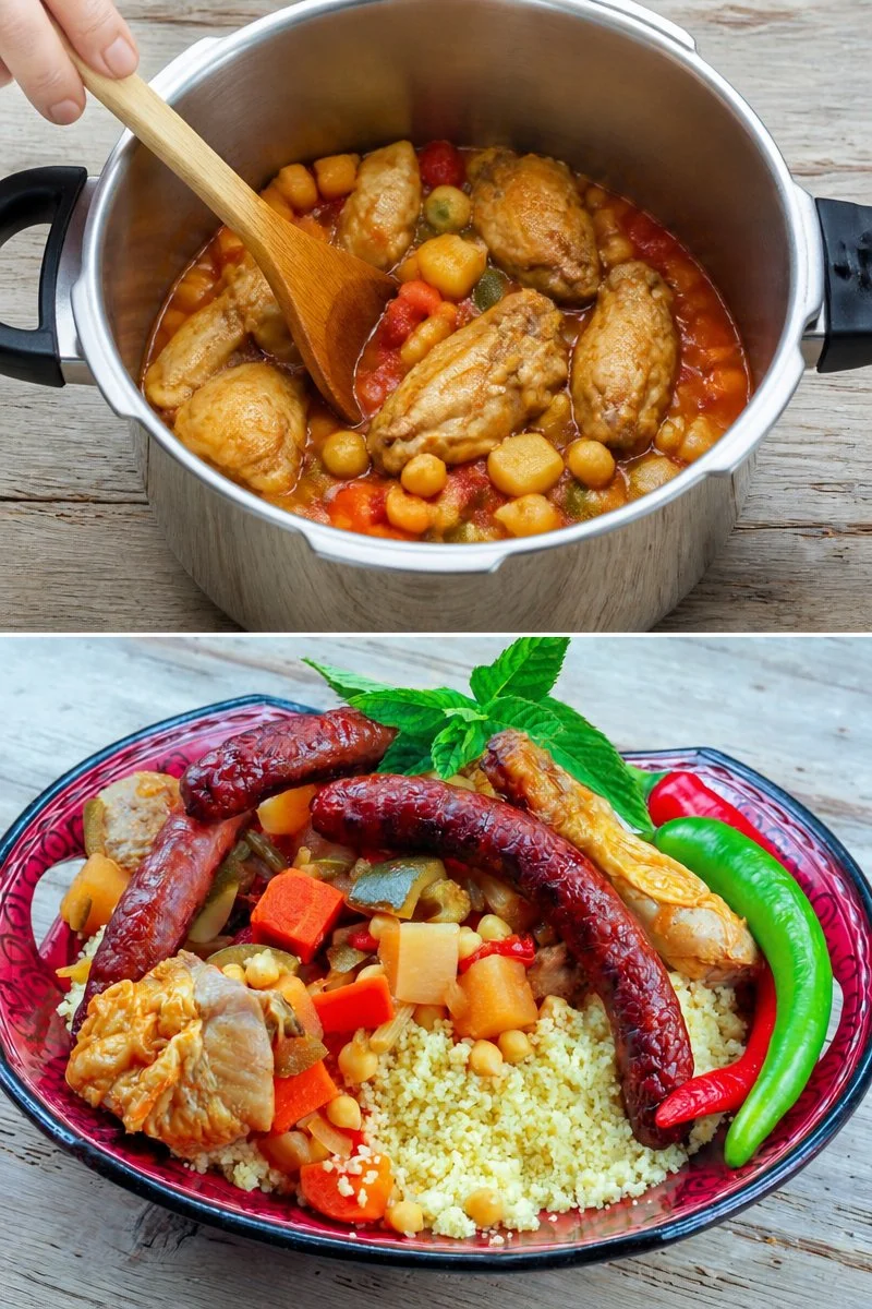 Piatto di couscous pollo e merguez pronto da servire