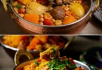 Piatto di couscous pollo, manzo e agnello, tipico della cucina marocchina.