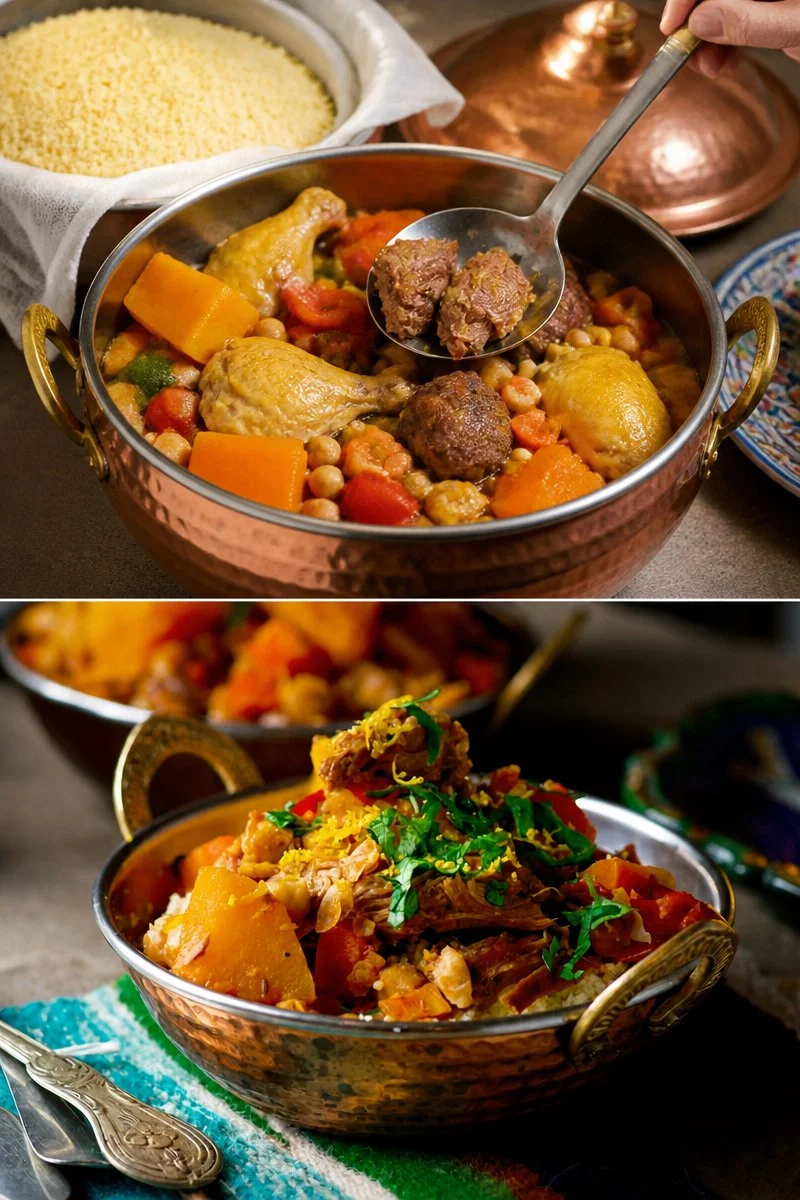 Piatto di couscous pollo, manzo e agnello, tipico della cucina marocchina.
