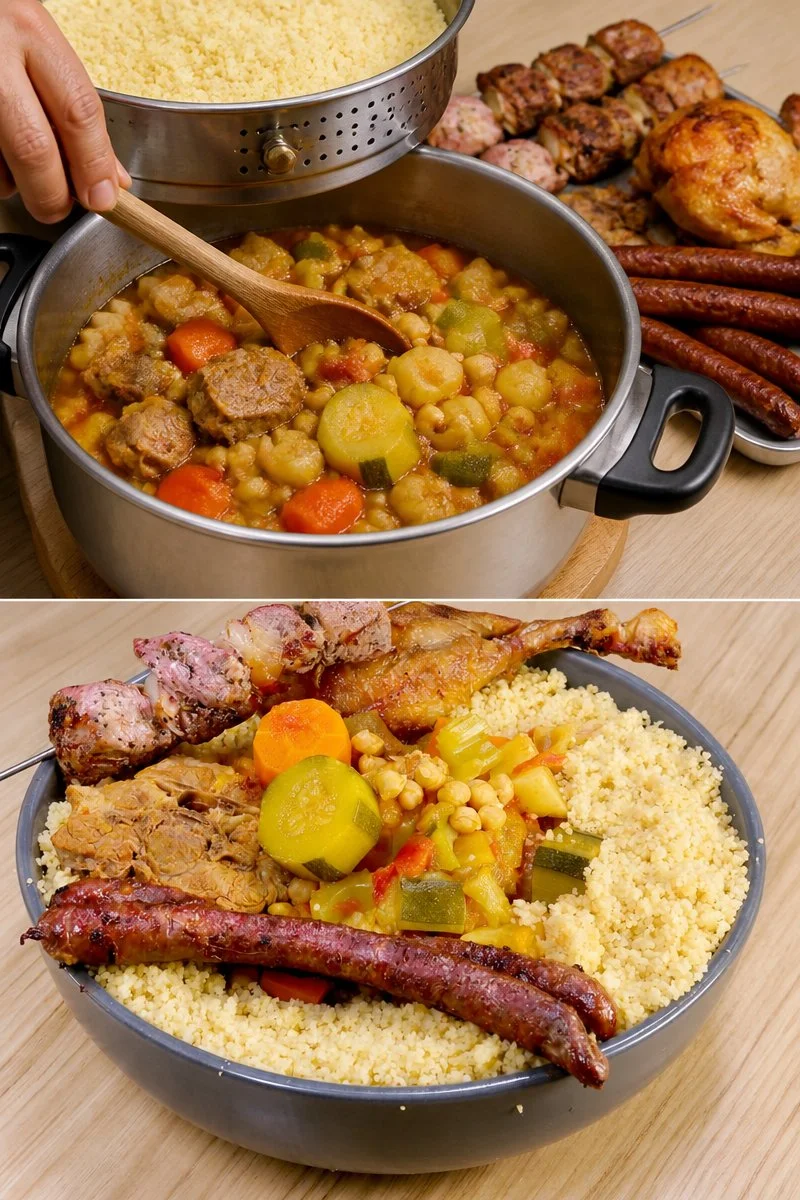 Couscous royal con agnello, pollo e merguez, un piatto tradizionale marocchino