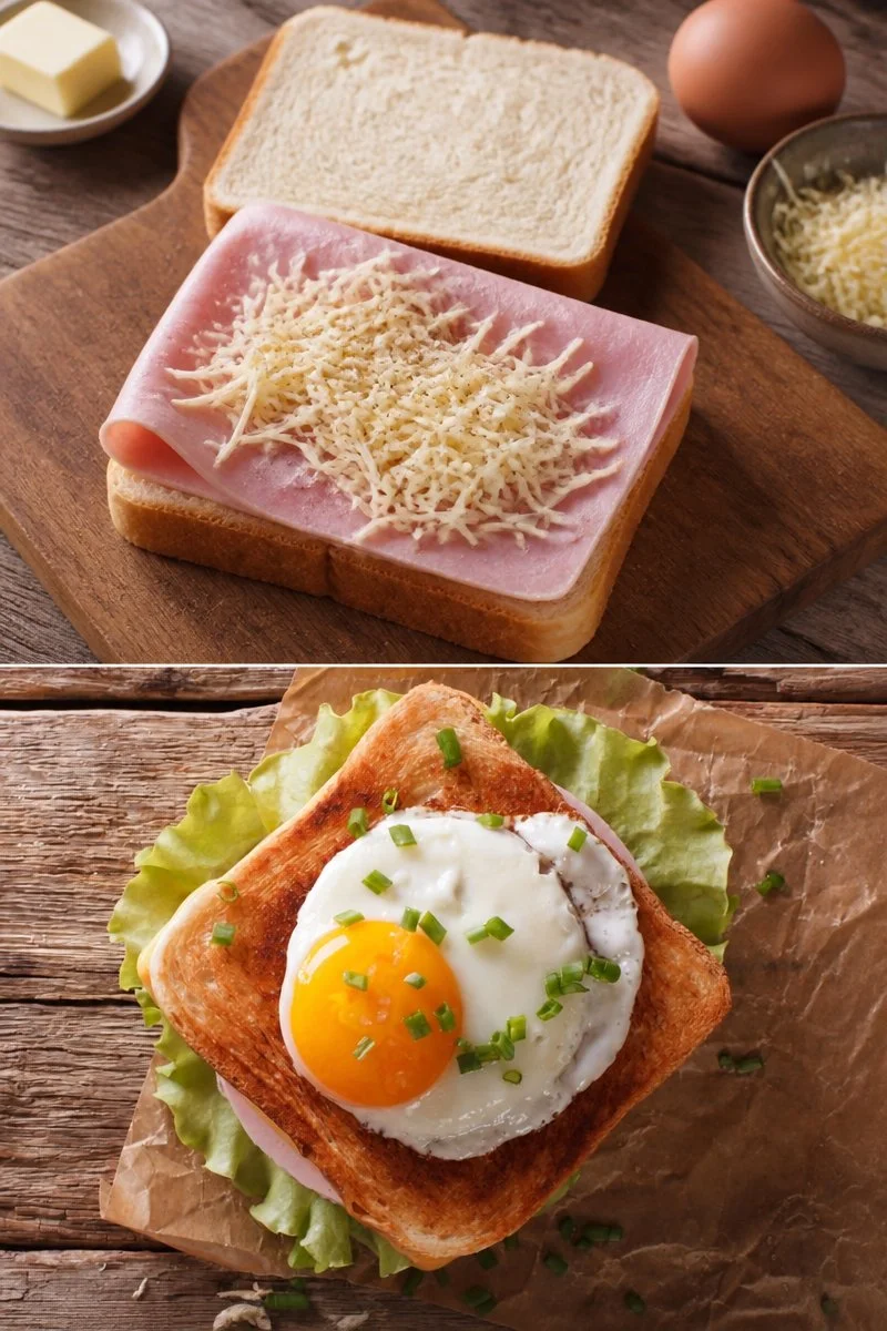Croque madame con uova, formaggio e prosciutto su un piatto