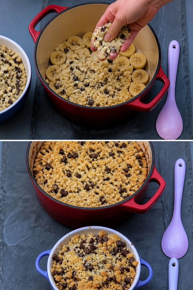 Crumble con pezzi di cioccolato e banana fresco