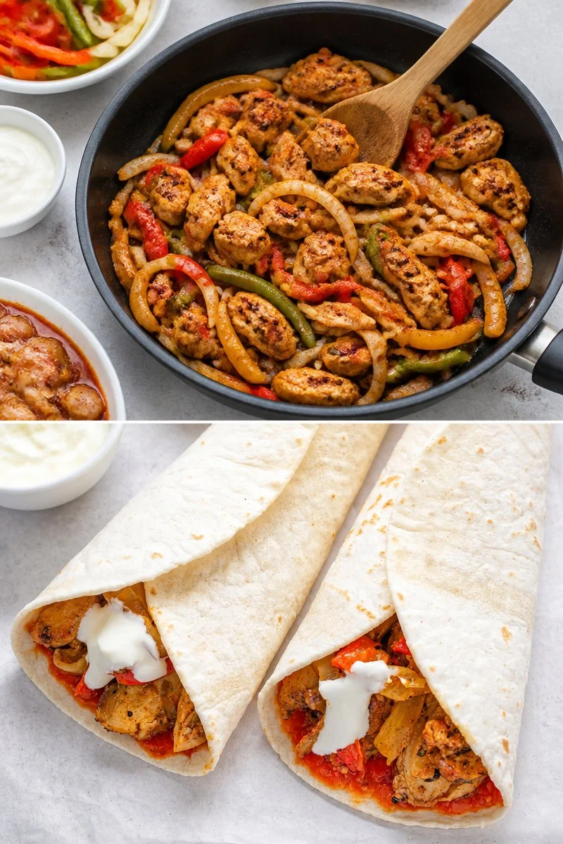 Fajitas di pollo grigliato servite con verdure fresche e tortilla