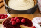 Gâteau au speculoos con crema di formaggio bianco e coulis di framboise
