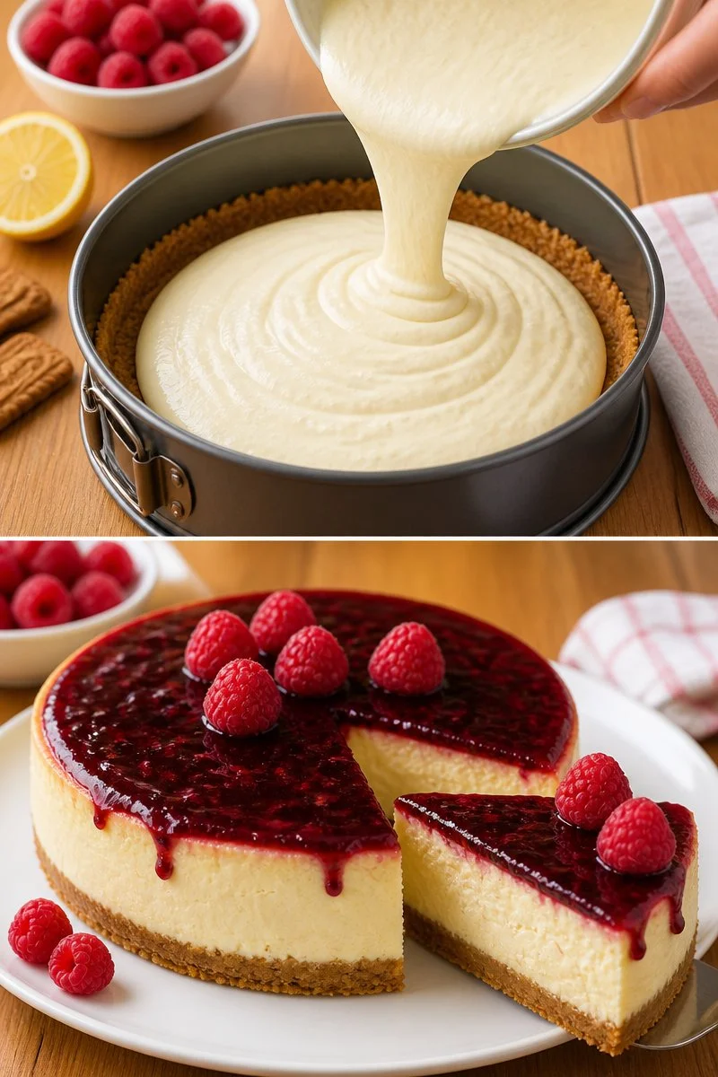 Gâteau au speculoos con crema di formaggio bianco e coulis di framboise