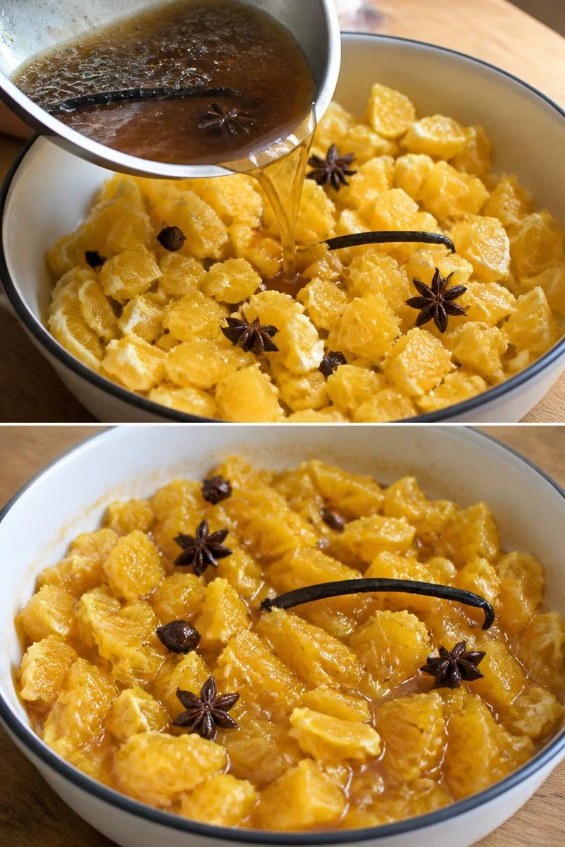 Insalata di arance al caramello con fette di arancia e caramello croccante