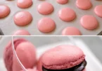 Macarons framboise colorati con crema di lampone sopra un piatto elegante